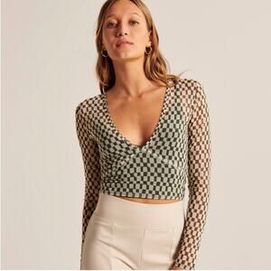 Abercrombie & Fitch Mesh Long Sleeve Top in Green Checker